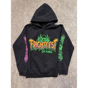 Six Flags Fright Fest Graphic Hoodie Sweatshirt Mens M Black Skull Clown Spiders